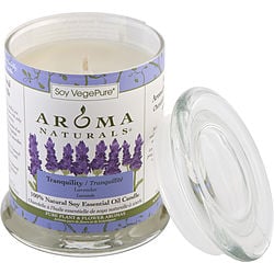 TRANQUILITY AROMATHERAPY by Tranquility Aromatherapy - ONE 3.7x4.5 inch MEDIUM GLASS PILLAR SOY AROMATHERAPY CANDLE. THE ESSENTIAL OIL OF LAVENDER IS KNOWN FOR ITS CALMING AND HEALING BENEFITS. BURNS APPROX.