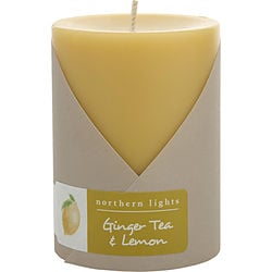 GINGER TEA & LEMON by Northern Lights - ONE 3x4 inch PILLAR CANDLE. BURNS APPROX.