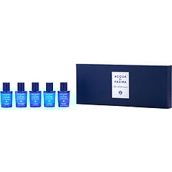ACQUA DI PARMA BLUE MEDITERRANEO VARIETY by Acqua di Parma - 5 PIECE VARIETY WITH ARANCIA DI CAPRI & BERGAMOTTO DI CALABRIA & FICO DI AMALFI & MIRTO DI PANAREA & MANDORLO DI SICILIA AND ALL ARE EDT 0.17 OZ MINI - DebStella